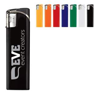 An electronic refillable lighter with silver cap. Child-resistant.