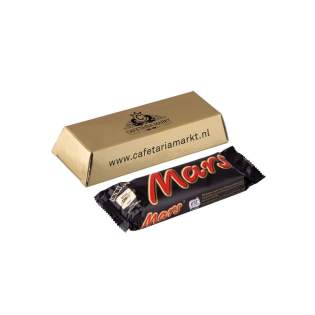Gold bar with screen printing in 1 to 4 colors, filled with a Mars bar Gold bar with screen printing in 1 to 4 colors, filled with a Mars bar