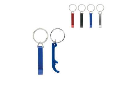 Handlicher Aluminium-Schlüsselanhänger mit Flaschenöffner und Schlüsselring. Klein und praktisch.