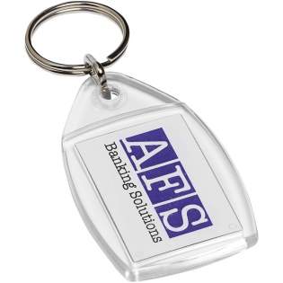 Clear keychain with metal split keyring. The metal looped ring offers a flat profile which is ideal for mailings. Print insert dimensions: 3,5 cm x 2,4 cm.