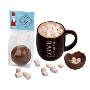 Small transparent bag with full colour printed header card, filled with 1 milk chocolate ball which is filled with cacoa powder and mini marshmallows.