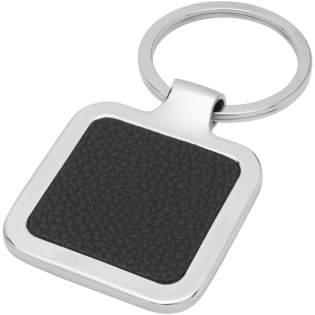 Premium quality square keychain made of black PU leather with zinc alloy metal casing, supplied into a brown recycled Kraft paper envelope. The size of the keychain is 4 x 5 cm. Made for laser engraving which makes the logo appears in silver. 