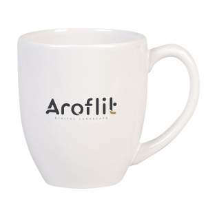 Extra large ceramic mug. Available in pure white or with an eye-catching coloured interior. Capacity 450 ml. Dishwasher safe. The imprint is dishwasher tested and certified: EN 12875-2.