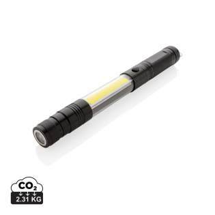 The perfect work light for any need, this double magnetic LED work light is great for attaching to any metal surface for optimal lighting. This aluminium flashlight allows you to extend from its normal size of 26 cm to 64 cm allowing you to pick up items that are stuck in hard to see and reach places with the magnet on front. This flashlight is equipped with three LED 10 l for extra bright exposure in dark spaces and 80 lumen COB light. When the head of the torch is extended, the head becomes flexible and can be adjusted in any direction. Includes batteries for direct use.