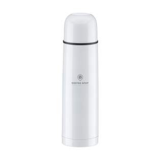 Vacuum-insulated, stainless steel thermo bottle with screw cap/drinking cup and handy press and pour system. Leak-proof. Capacity 500 ml. Each item is individually boxed.