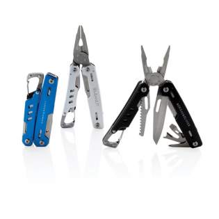 Strong and durable multitool with 11 functions. With aluminium case and stainless steel tools. Tools include: needle nose plier, regular plier, wire cutters, knife, phillips screwdriver, flat screwdriver, saw, can opener, bottle opener, wire stripper, carabiner. Packed in gift box.