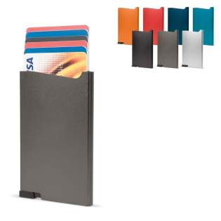 Uniek design aluminium kaarthouder om (bank)passen te beschermen tegen RFID skimming. Druk op de knop en zes kaarten (vier met verdikte letters) komen getrapt uit de houder.