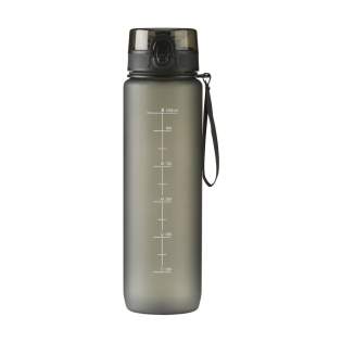 Keep yourself hydrated with this matt transparent water bottle made from PCTG SK plastic. The bottle has a leak proof screw cap and a handy carrying loop. The screw cap has a drinking spout and is hygienically sealed with a transparent lid with a push button and lock. With content indication in ml and oz. The perfect companion for at home, at work or on the road and a practical incentive to improve your water intake. Capacity 1,000 ml.