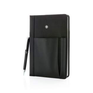 Executive 1680D and 600D polyester notebook cover with pen. Including removable notebook with 192 pages of 80g/m2 paper inside. Pocket on the cover can hold pen, cards, cash, mobile phone etc. Packed in Swiss Peak giftbox.<br /><br />NotebookFormat: A5<br />NumberOfPages: 192<br />PaperRulingLayout: Lined pages