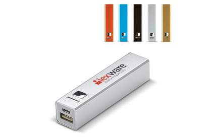 Popular aluminum powerbank 2.200mAh with on/off button. Available in multiple colours. Powerbank charger included. Comes packaged in a gift box.