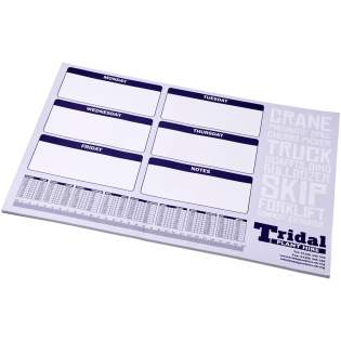 Weißer Desk-Mate® A2 Notizblock mit 80g/m2 Papier. Vollfarbdruck auf jedem Blatt möglich. Erhältlich in 3 Größen: 25, 50, 100 Blatt.
