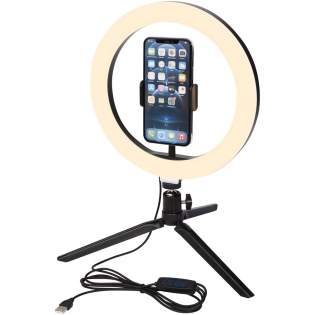 LED ring light (23 cm) with a tripod stand and phone holder, the ideal gadget for any photographer/YouTuber/Vlogger/content creator that regularly do streams or broadcasts. The ring light will cast even light on your face without any hard shadows. The lamp has 120 warm white LEDs that can be adjusted to 10 different brightness levels for the perfect light exposure. Delivered in an Avenue gift box.