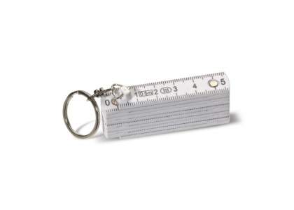 Mini porte-clés mètre pliant blanc. Mesure en centimètres. 0,5 mètre de long.