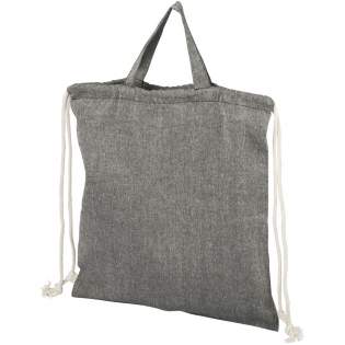 Drawstring bag made of 150 g/m² recycled cotton polyester blend. Recycled cotton is manufactured from pre-consumer waste generated by textile factories during the cutting process. Similar colours are blended together so no additional dyeing is required. Large main compartment with cotton drawstring closure in natural colour. Features two handles with a dropdown height of 14 cm. Resistance up to 5 kg weight. There may be minor variations in the colour of the actual product due to the nature of the production process.