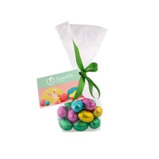 Small transparant bag with full colour printed header card, filled with 5 chocolade Easter eggs