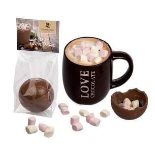 Transparant blokzakje met full colour bedrukt kopkaartje, gevuld met een chocolademelk bal met mini marshmallows