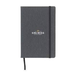 WoW! A5 notebook with a hard cover, made from recycled leather waste. This notebook has approx. 96 sheets/192 pages of cream-coloured, lined, FSC®MIX-certified paper (80 g/m²). With tie back, handy closing elastic and silk ribbon. Each item is supplied in an individual brown cardboard box.
