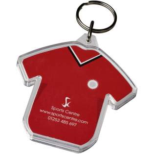 Clear t-shirt shaped keychain with metal split keyring. The metal looped ring offers a flat profile which is ideal for mailings. Print insert dimensions: 6,0 cm x 3,8 cm.