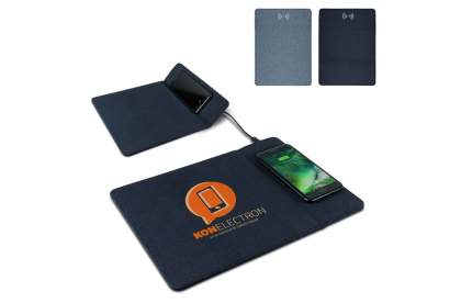 This fabric mousepad has an intergrated wireless charting station and a big imprint space. The fabric gives the mousepad a modern look. Comes packaged in a gift box. 