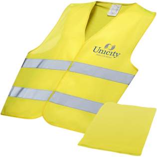 High visibility warning vest Class 2, suitable for persons with length between 165-180 cm. Comes in a same coloured material pouch which measures 21 x 17 cm. Large decoration area on the front/back of the vest, as well as on the pouch. Visibility clothing for professional use. Fluorescent background and reflective tape. Specification EN ISO 20471:2013+A1:2016. These garments bear CE marking to demonstrate compliance with EU Regulation 2016/425/EU Personal Protective Equipment Category II.