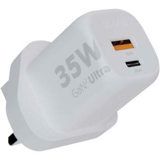 The 35W GaN² Ultra wall charger with UK plug is designed to be more compact and powerful than ever before. With its compact design and dual-port functionality, this wall charger is perfect for your travels, office, or home. To reduce waste and contribute to a more sustainable future, the charger is made from 97% recycled plastic. Output: 1 USB-C 35W power delivery, and 1 USB-A 18W quick charge 3.0. Delivered with a user manual.