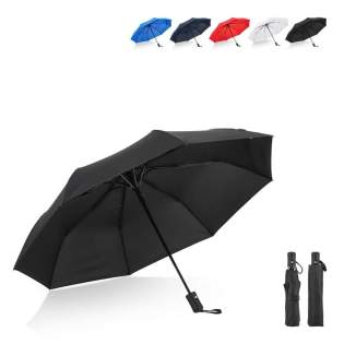 Faltbarer 21.5"-Regenschirm mit robustem Glasfasergestell und 190T Pongee-Bespannung. Windfest, mit automatischer Öffnung, manueller Schließung, Hülle, Kordel und komfortablem ABS-Griff.
