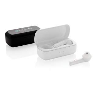 Let the music flow with these true wireless earbuds in charging case. The earbuds have a 35 mAh battery and can be re-charged in the 500 mAh charging case within 1 hour. With auto pairing function so easy to pair to your mobile device. Playing time on medium volume about 3 hours. With BT 5.0 for optimal connection. Operating distance up to 10 metres. With pick up and mic. Including 3 size silicone ear tips. ABS material casing.<br /><br />HasBluetooth: True<br />PVC free: true