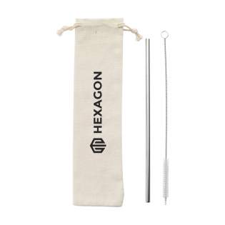 A reusable, stainless steel straw. A good and ecologically responsible alternative to plastic straws. Includes stainless steel nylon cleaning brush. Perfect for cold drinks such as smoothies or cocktails. It also adds a visually pleasing touch to any drink. Supplied per set with a canvas pouch.