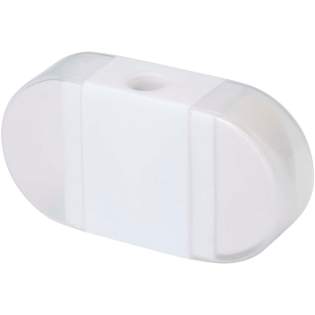 Bleistiftspitzer mit Radiergummi mit durchsichtigen Kappen auf beiden Seiten. Größe 6,2 x 3,3 x 1,6 cm.