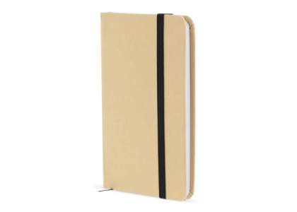 Notizbuch mit Kartoneinband, schwarzem Lesebändchen, schwarzem Gummiband und 160 cremefarbenen, linierten 70g/m²-Seiten.