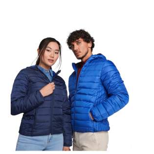 Men's feather touch quilted jacket with fitted hood. Inverted zips with matching chin protector. Two front pockets with zip. Matching elastic trim in cuffs, hem and hood. Contrasting inner lining. Stow carry bag included. Light and foldable garment. Water resistant. Wind-proof model.