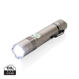 Long lasting rechargeable flashlight that can be re-charged time after time so no need to replace batteries making this torch a sustainable choice. This aluminium 3W flashlight produces 130 lumen and a beam up to 200 metres. Includes 3 light modes:  bright, low beam and flashing. With its IPX 4 rating it’s also suitable to use in bad weather conditions. With built-in 2200 mAh lithium battery that allows a usage time up to 8 hours. Re-charging takes approximate 2 hours. Including micro USB cable for re-charging via USB outlet.