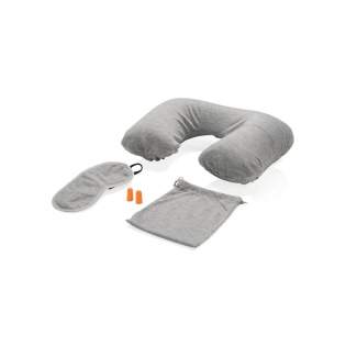 Jersey travel set with pocket for your phone or headphone. Soft travel set contains an inflatable neck pillow, eye mask, soft earplugs and a soft pouch with drawstring closure.