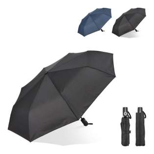 Faltbarer 21"-Regenschirm mit robustem Glasfasergestell und Pongee-Bespannung, windfest. Automatische Öffnung/Schließung, Hülle, Kordel am Griff, komfortabler ABS-Griff.
