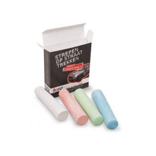 Four colours of street chalk in a custom-made box