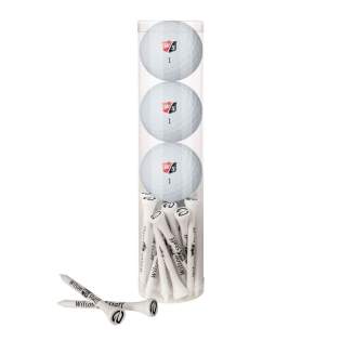 Transparente Röhre mit 20 Wilson-Tees aus Bambusholz 70 mm mit Bedruckung auf dem Cup und 3 WilsonPX3 Soft Golfbälle mit 1-seitige Druck Transparente Röhre mit 20 Wilson-Tees aus Bambusholz 70 mm mit Bedruckung auf dem Cup und 3 WilsonPX3 Soft Golfbälle mit 1-seitige Druck