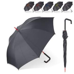 Parapluie droit avec une poignée au crochet. La monture colorée est en fibre de verre pour une résistance accrue. Parapluie droit avec une poignée au crochet. La monture colorée est en fibre de verre pour une résistance accrue.