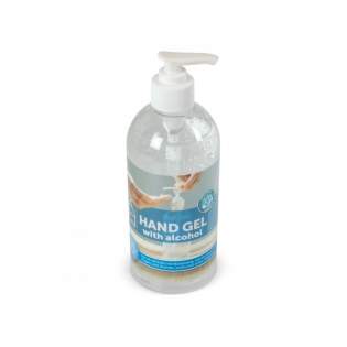 Cleaning gel in a bottle with hygenic pump. The gel has been produced in Europe and contains 70% alcohol.