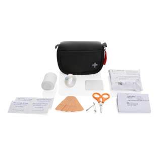 Luxury first aid kit, featuring a water-repellent nubuck-PU material that is both stylish and practical. The material is easy to clean and repels water, making it perfect for use while on the go. Contents: 1pc triangle bandage, 1pc PBT bandage, 4pcs alcohol pad, 1pc swab, 5pcs plasters, 1pc scissor, 2pc pin, 1 pc tape; All content according to Medical Device Directives: 93/42/EEC and EU (2017/745), EN ISO 13485:2016; All content (except for pins and scissor) packed in paper bag marked with all mandatory markings needed for EU legislation, like “Expiration date, CE, LOT number. Total recycled content: 59% based on total item weight. RCS certification ensures a completely certified supply chain of the recycled materials