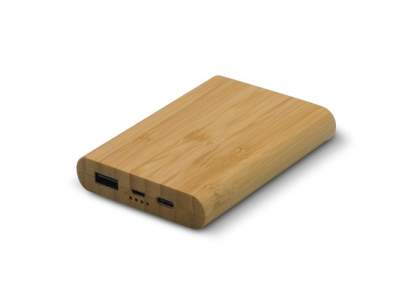 Powerbank with a capacity of 5.000mAh, made of FSC certified bamboo. Charging phones or other mobile devices on-the-go is very easy due to the compact size. Connect your device using the correct charging cable for a quick charge. Comes packaged in a gift box. Powerbank charging cable included.