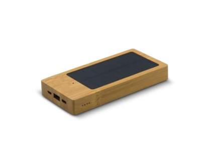 Powerbank with a capacity of 8.000mAh, made of FSC certified bamboo. The sun can recharge this powerbank using the solar panel. The compact size makes it ideal for charging your devices on the go. Charge up to 3 devices at a time. Comes packaged in a gift box. Powerbank charging cable included.