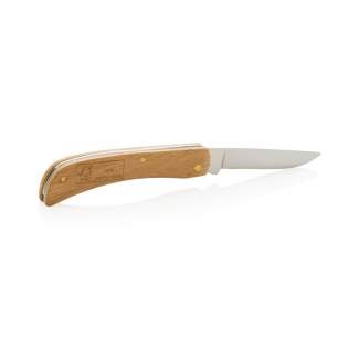 Faltbares Messer aus 100% FSC-Buchenholz und Klinge aus hochwertigem Edelstahl (420). Rockwell-Härte 42-52. Die Klinge ist lebensmittelecht, also auch für Lebensmittel geeignet. Verpackt in FSC-Mix-Kraftkarton.<br /><br />PVC free: true