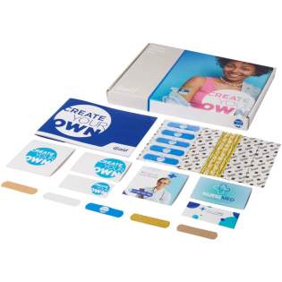 Includes 3 paper envelopes in different sizes (95 x 40 mm, 100 x 65 mm, 100 x 94 mm), each with 5 different plasters (bamboo, universal, glitter, sensitive and printed). The products meet the stringent requirements of the Medical Device Regulation (MDR) and are registered with the FDA in multiple countries. Compliant with ISO14001:2015 and ISO9001:2015 standards. Plaster size: 72 x 19 mm.