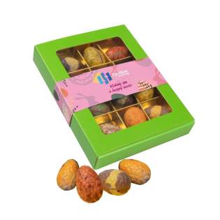 Doosje gevuld met 12 chocolade luxe paaseitjes in assori kleuren en smaken (ca. 150 gram) en voorzien van een full colour bedrukte sleeve