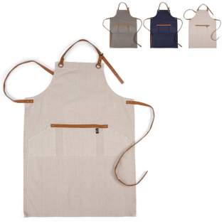 Schürze aus reiner Baumwolle mit verstellbarem Band im Nacken und drei Taschen in der Taille. Riemen und Details aus PU-Leder. Schürze aus reiner Baumwolle mit verstellbarem Band im Nacken und drei Taschen in der Taille. Riemen und Details aus PU-Leder.