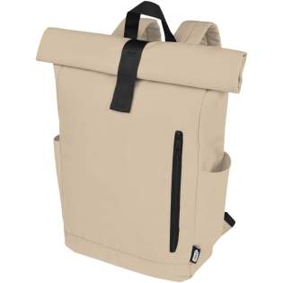 Practical, sturdy and water-repellent roll-top backpack made of GRS recycled polyester featuring a large inner compartment with a 15.6” laptop compartment, a zippered front pocket, and 2 side pockets. Padded backing, adjustable and padded shoulder straps, carrying loop and handy roll-top hook & loop closure. The perfect bag for everyday use, with a minimal ecological footprint. Practical, sturdy and water-repellent roll-top backpack made of GRS recycled polyester featuring a large inner compartment with a 15.6” laptop compartment, a zippered front pocket, and 2 side pockets. Padded backing, adjustable and padded shoulder straps, carrying loop and handy roll-top hook & loop closure. The perfect bag for everyday use, with a minimal ecological footprint.
