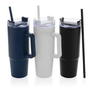 Introducing the Tana double wall plastic tumbler, a 900ml tumbler made from 80% recycled material for low impact hydration. Whether you're working, exercising, or travelling, this tumbler is your ideal companion. The advanced lid features a rotating cap with three positions: a spill-resistant straw opening, a sipping spout, and a fully sealed lid. The ergonomic handle with comfort-grip inserts ensures easy carrying and the slim base fits most car cup holders. Hand wash only. Total recycled content: 80% based on total item weight. BPA free. Capacity 900ml. Including FSC®-certified kraft gift packaging.