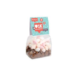 Transparenter Blockbeutel mit vollfarbiger bedruckter Topkarte, gefüllt mit ca. 55 Gramm Schokodrops und ca. 15 Gramm Mini-Marshmallows Transparenter Blockbeutel mit vollfarbiger bedruckter Topkarte, gefüllt mit ca. 55 Gramm Schokodrops und ca. 15 Gramm Mini-Marshmallows