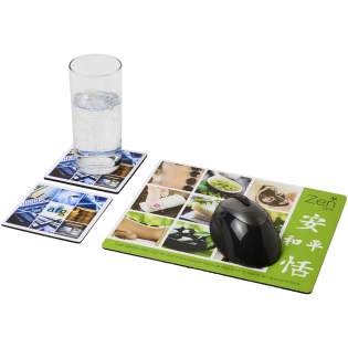 Features a Q-Mat mouse mat and a set of two matching coasters branded with your company design. The set comprises of a rectangular mousemat (0.3 x 23.5 x 20 cm) and two square coasters (0.3 x 9.8 x 9.8 cm).