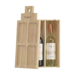 Rackpack Casa de Tapas Large: a wine gift box and tapas snackplate in one. A wooden gift box for two bottles of wine or some delicious tapas. The frontside of the bamboo plate has compartments for tapas, the backside can be used as a cutting board. Muchas gracias! Rackpack: a wine gift box made of wood with a new second life!
• suitable for two bottles of wine
• 8-10 mm pine wood
• bamboo wood: a sustainable alternative to tree wood - bamboo can be harvested within 5 years (trees need 30 - 120 years!) and 4 to 7 new plants grow from the remaining root
• wine not included. Each item is supplied in an individual brown cardboard box.
